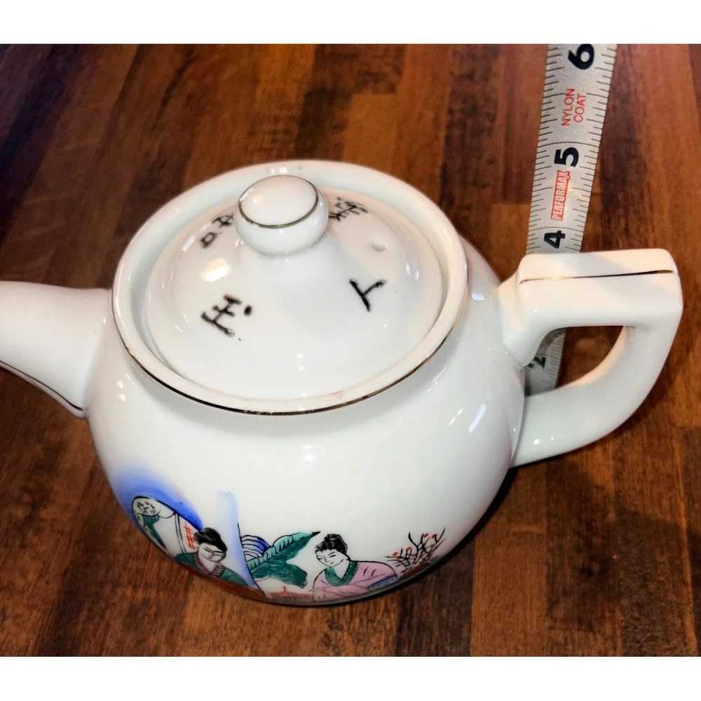 Vintage Geisha Porcelain Teapot Gold Trim Hand Painted Calligraphy Made in Japan